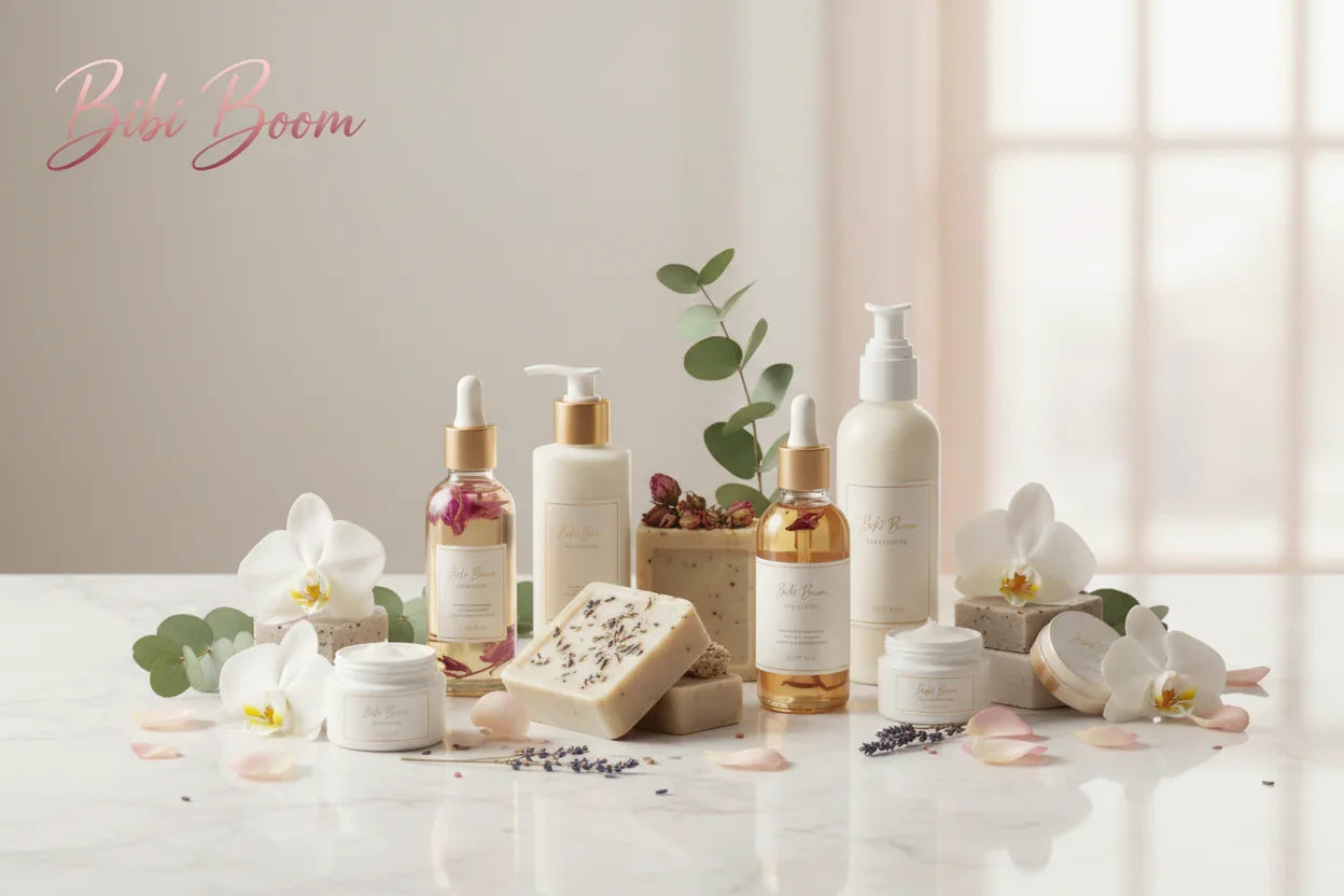 Productos de belleza Bibi Boom sobre mesa de mármol con flores, logo rosa en esquina