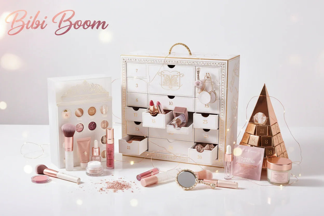 Calendarios de adviento de belleza Bibi Boom con maquillaje y accesorios en fondo blanco elegante