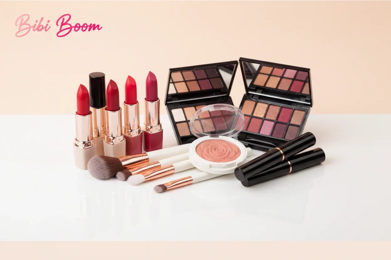 Maquillaje Bibi Boom con labiales, paletas de sombras, brochas y rubor para belleza