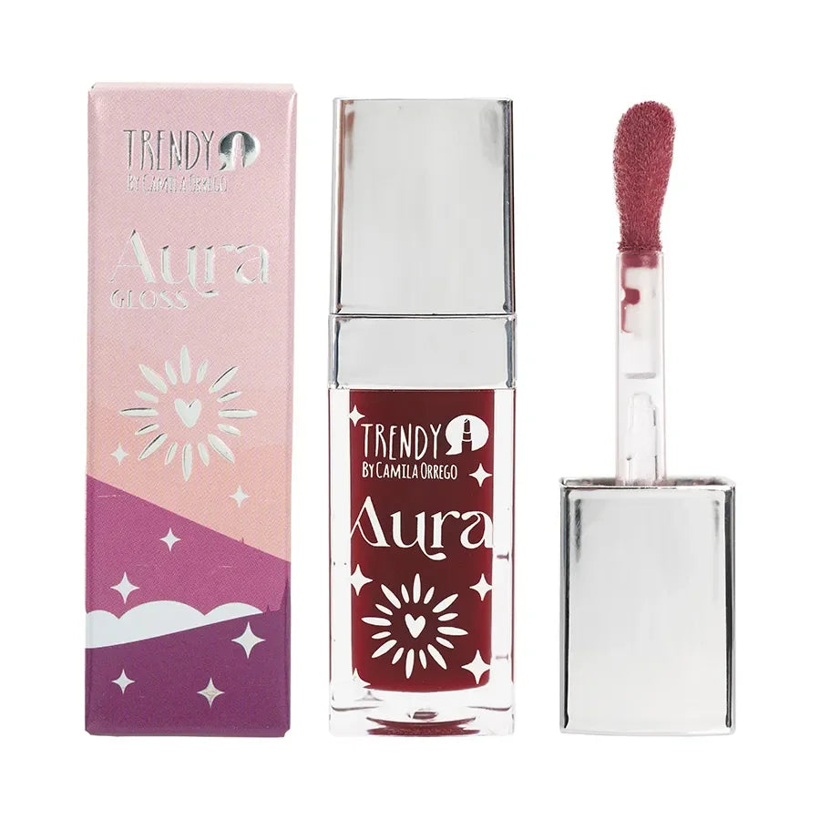 Brillo Aura gloss labial hidratante tono 01 con empaque elegante y aplicador, ideal para labios jugosos. Cosmético de la categoría maquillaje corporal.