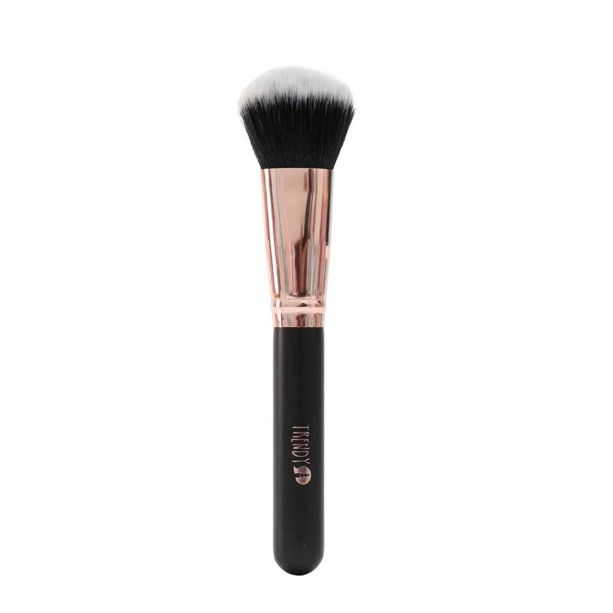 Brocha individual rubor maquillaje bibi boom con mango negro y virola metálica rosa dorado. Herramienta esencial para maquillaje femenino profesional.