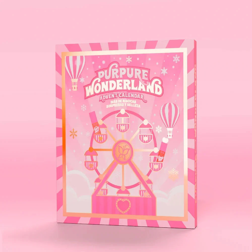 Calendario Adviento Belleza - Edición Limitada con ilustración de rueda de la fortuna y globos aerostáticos, incluye 12 cosméticos sorpresa navideños.