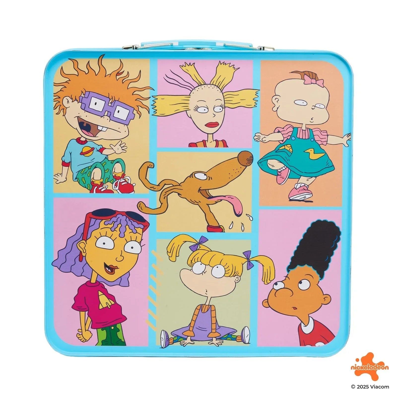 Calendario Adviento Trendy Nickelodeon 90's - coleccionable con personajes clásicos como Rugrats y Hey Arnold en lonchera azul metálica. Ideal para fans nostálgicos de cosméticos y accesorios.