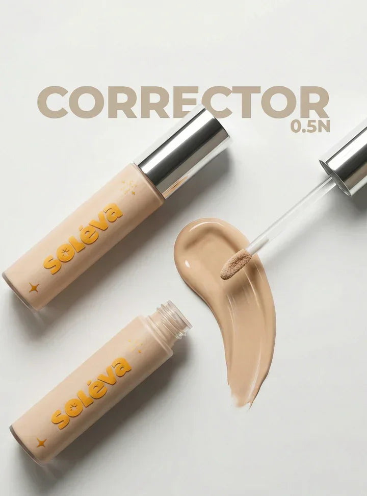 Corrector tono 0.5n Soleva con aplicador y muestra de color, diseñado para un acabado natural y cobertura ajustable en maquillaje facial.