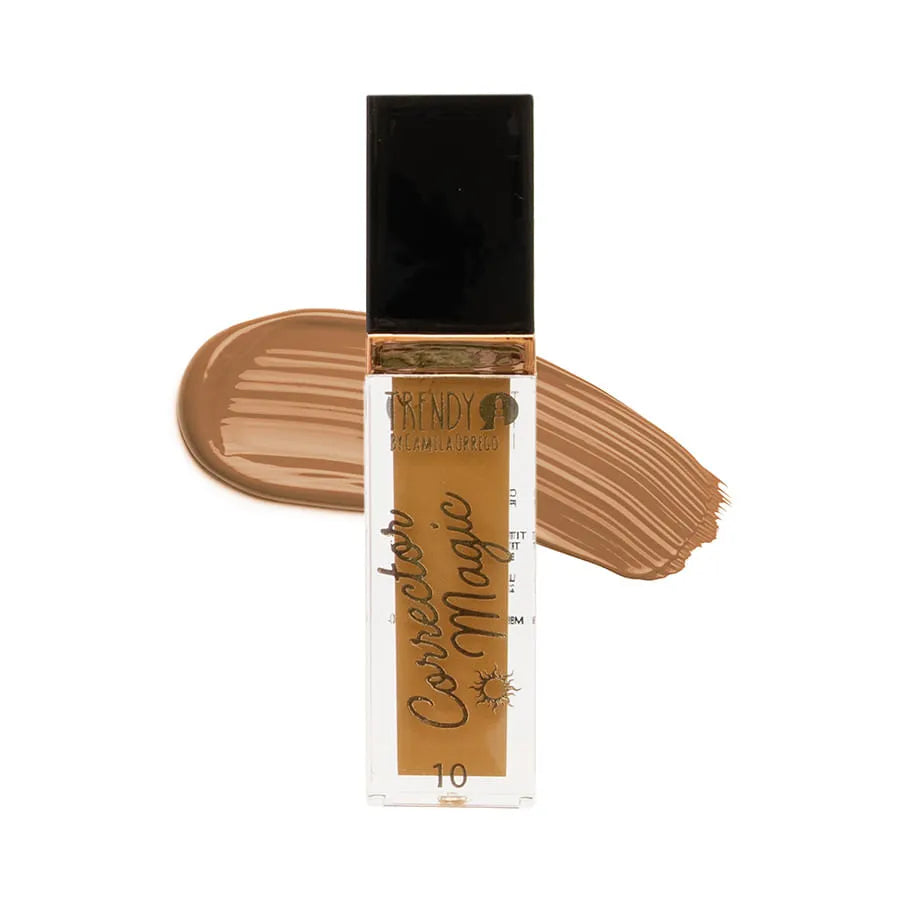Corrector Magic Mini tono 10 con muestra de color aplicada, fórmula cremosa de alta cobertura para maquillaje facial profesional.