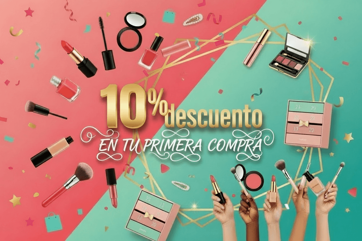 Promoción de maquillaje con 10% de descuento en la primera compra, rodeada de productos cosméticos como labiales, brochas, esmaltes y paletas de sombras sobre fondo colorido.