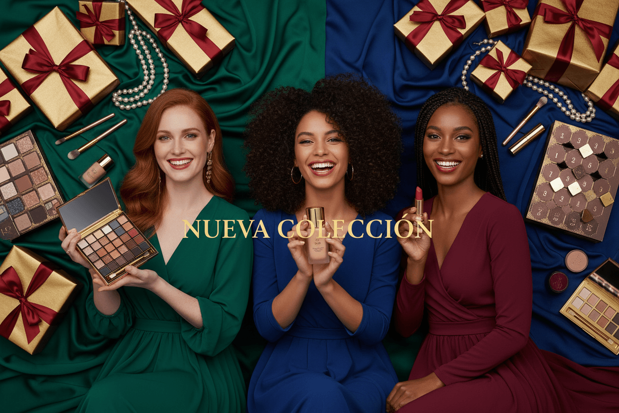 Tres mujeres sonrientes con vestidos elegantes sostienen productos de maquillaje rodeadas de regalos envueltos, promocionando una nueva colección cosmética festiva.