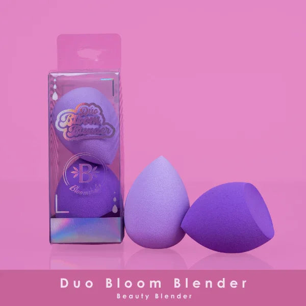 Purple Duo Bloom Beauty Blenders makeup sponges set in box and two displayed on pink background