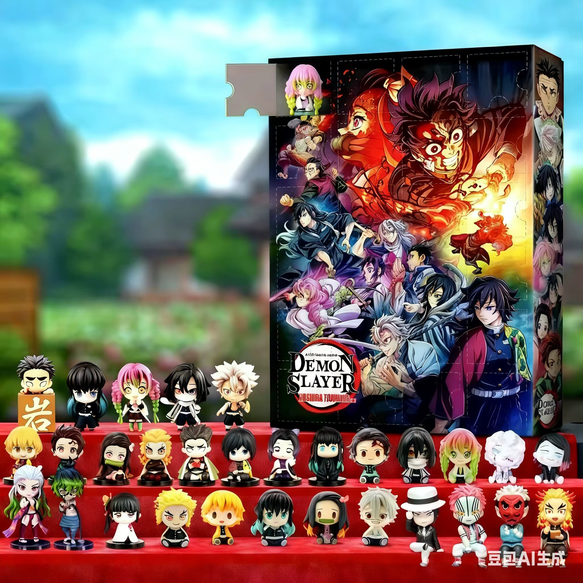 Calendario de adviento Demon Slayer con figuras de anime y caja decorativa, accesorios coleccionables.