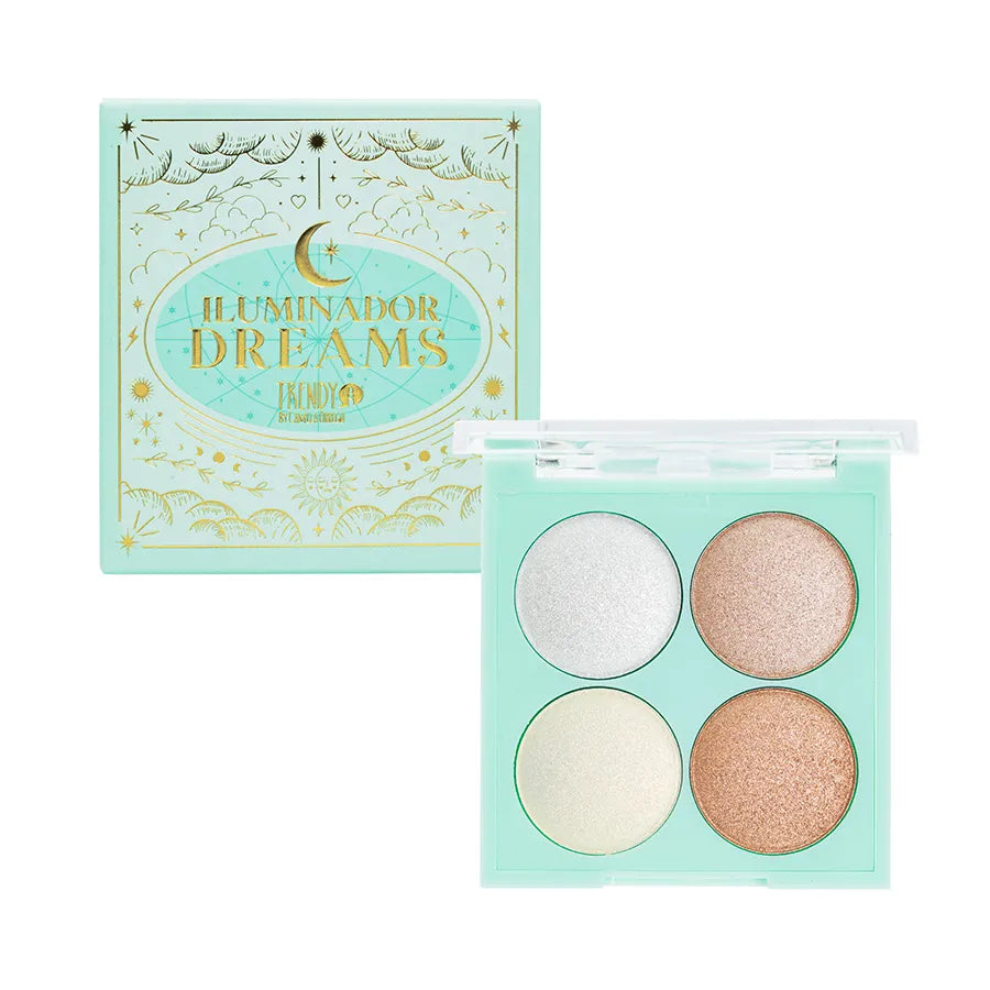 Iluminador Dreams by Trendy highlighter palette with four shimmering shades in mint green packaging