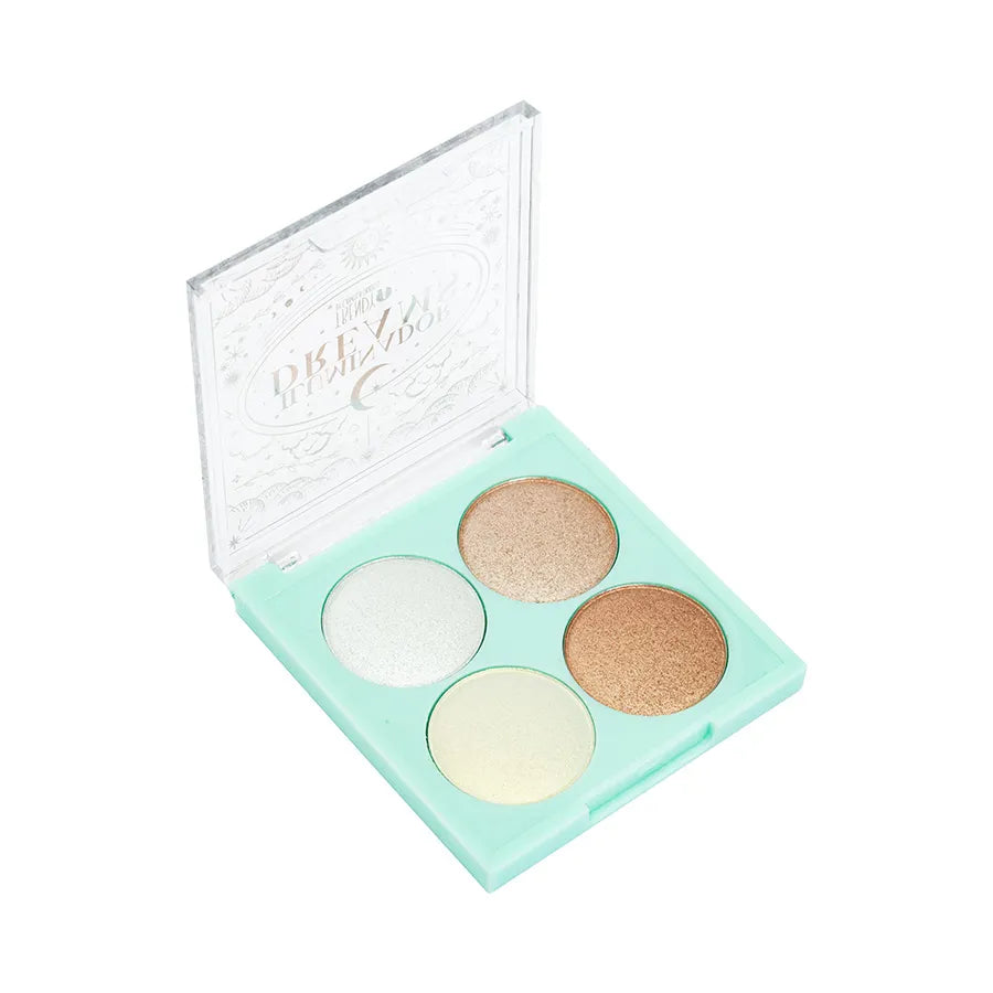 Bibi Boom Dreams highlighter palette with four shimmery shades in a mint green compact