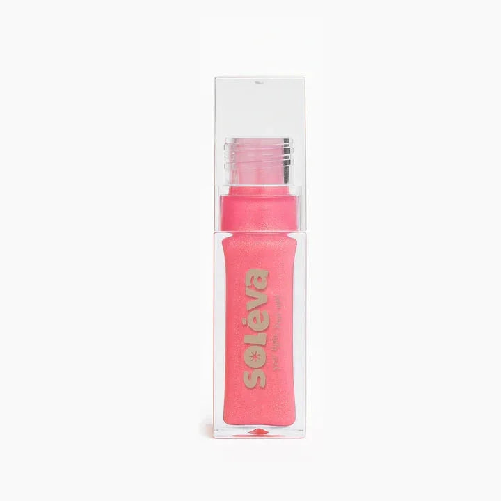 Brillo Labial Líquido Soléva tono rosa glossy en envase transparente, hidratación y luminosidad para labios suaves y frescos.