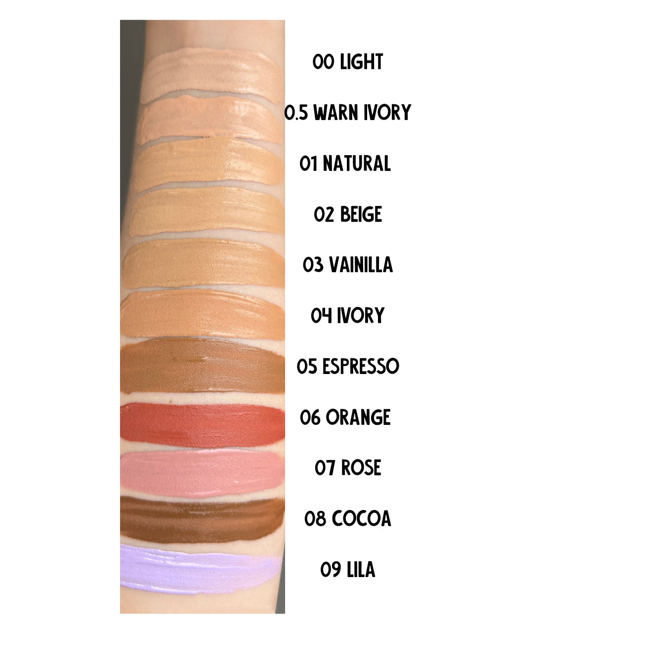 Swatches de tonos de corrector Bibi Boom sobre brazo, variedades de colores y nombres visibles.