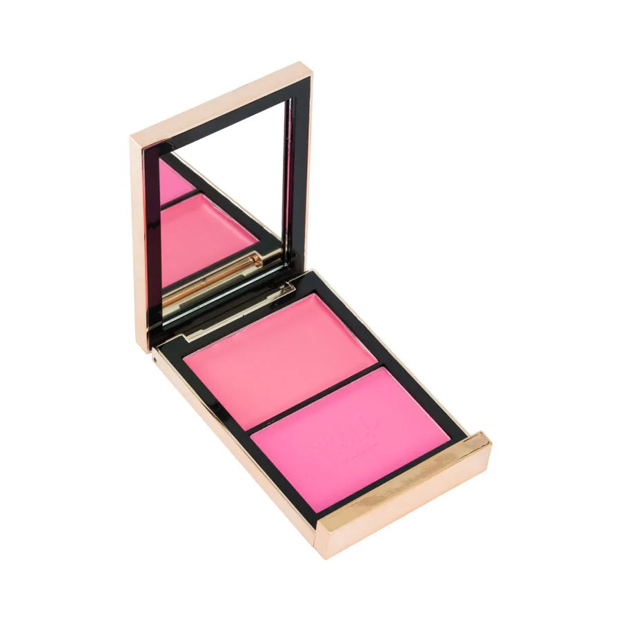 Rubor Doble Mia tono 02 en estuche con espejo, incluye crema y polvo en rosa vibrante. Perfecto para iluminar mejillas con estilo.