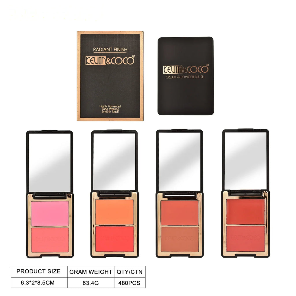 Paleta de rubor duo Kevin&Coco con espejo, maquillaje Bibi Boom, tonos variados.