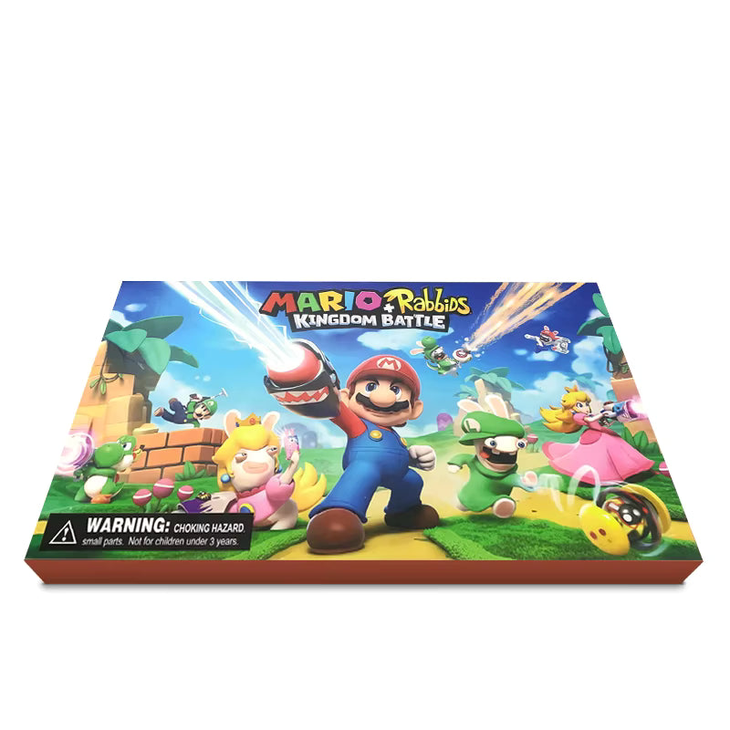 Caja de Mario + Rabbids Kingdom Battle, colores vivos, personajes de Mario y Rabbids en acción.