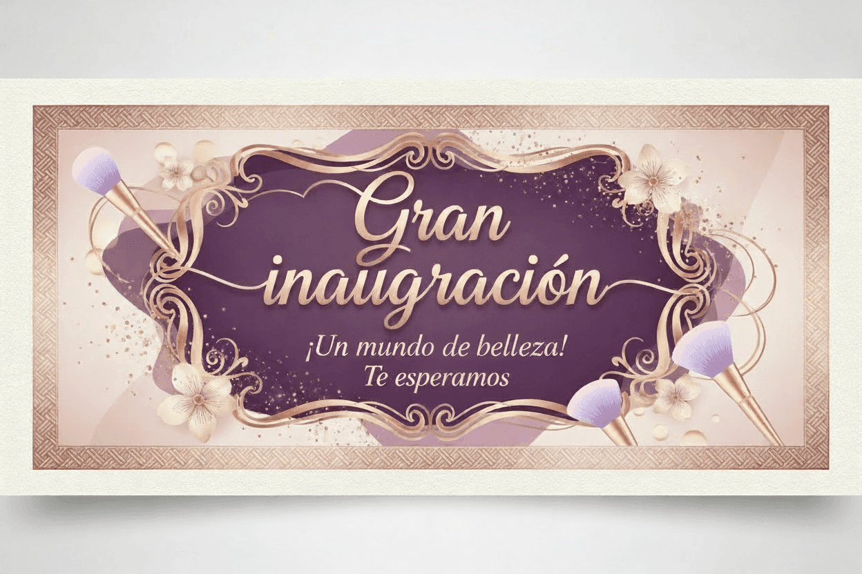 Anuncio de gran inauguración de tienda de belleza con fondo rosa y morado, decorado con brochas de maquillaje y flores, acompañado del texto “¡Un mundo de belleza! Te esperamos”.
